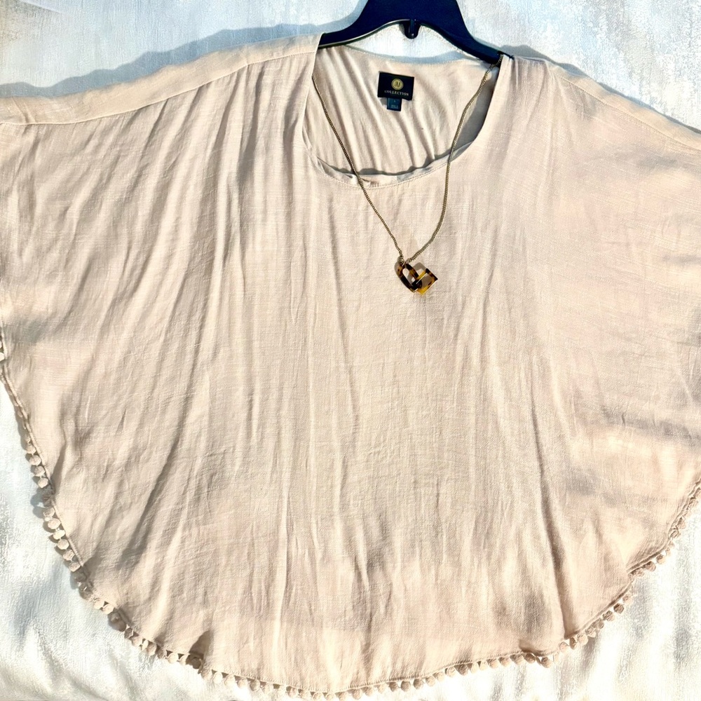 JM Collection Cream Poncho Top with Pom Hem